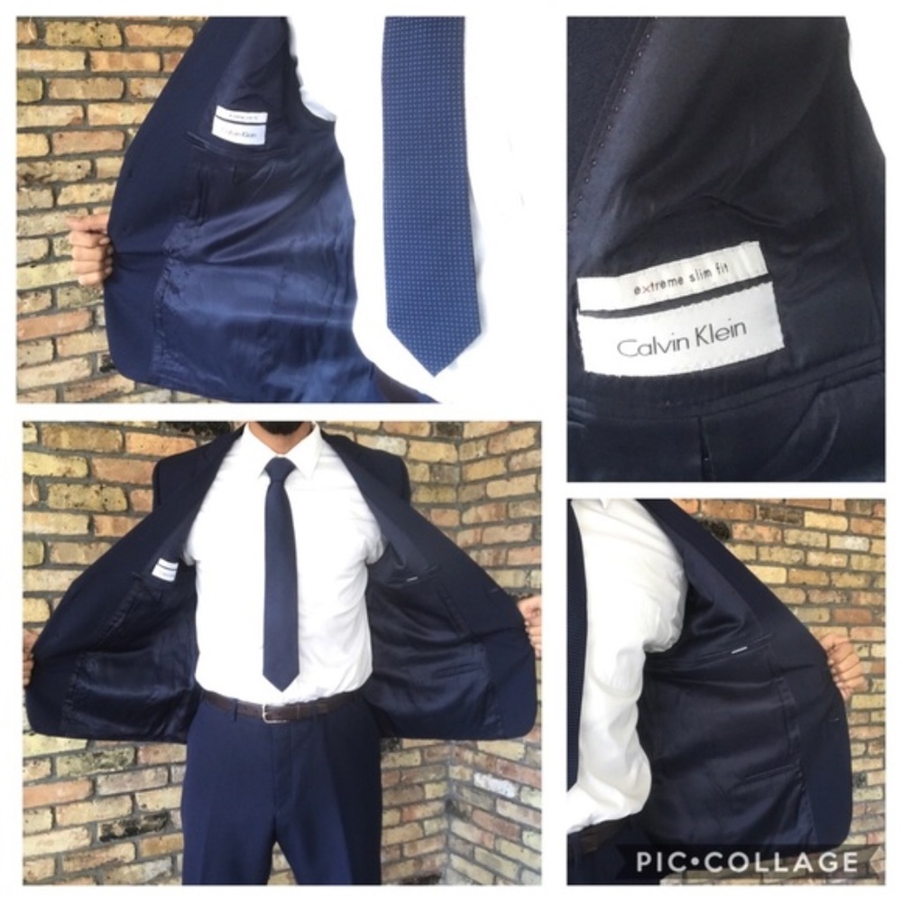 ✨ Calvin Klein Xtreme Slim Fit Navy 100% Wool Suit – 40S – Peak Lapel - Picture 6 of 7